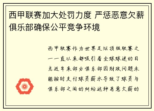 西甲联赛加大处罚力度 严惩恶意欠薪俱乐部确保公平竞争环境